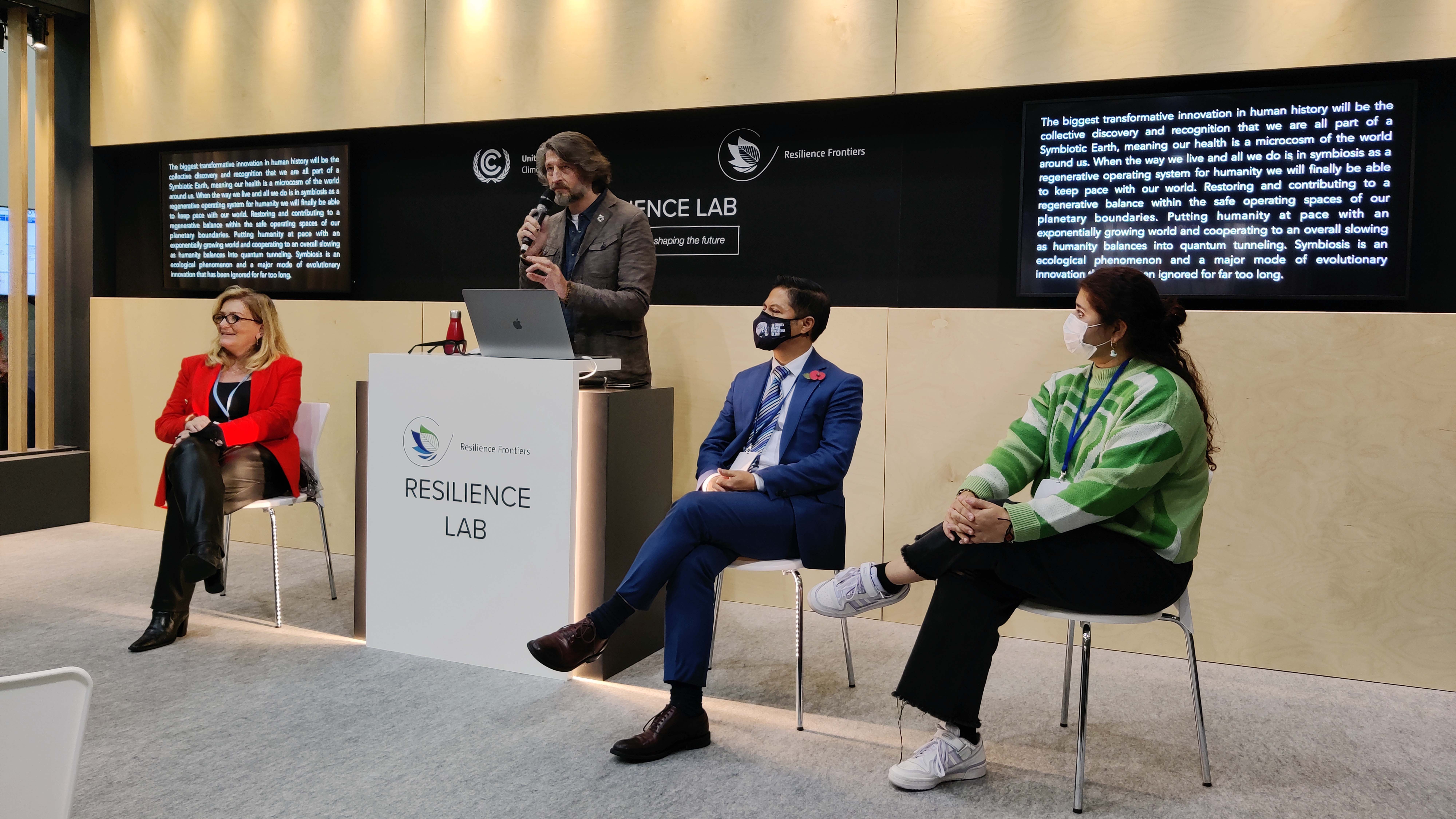 The panel from ‘three decades of transformation’. L-R: Sandra Piesik, Architect and Technological Transfer Researcher; Marc Buckley, UN Advisor and SDGs Advocate; Bremley Lyngdoh, Founder and CEO of Worldview Impact; and Xiomara Andrea Acevedo Navarro, Climate Change Expert, Government of Nariño.