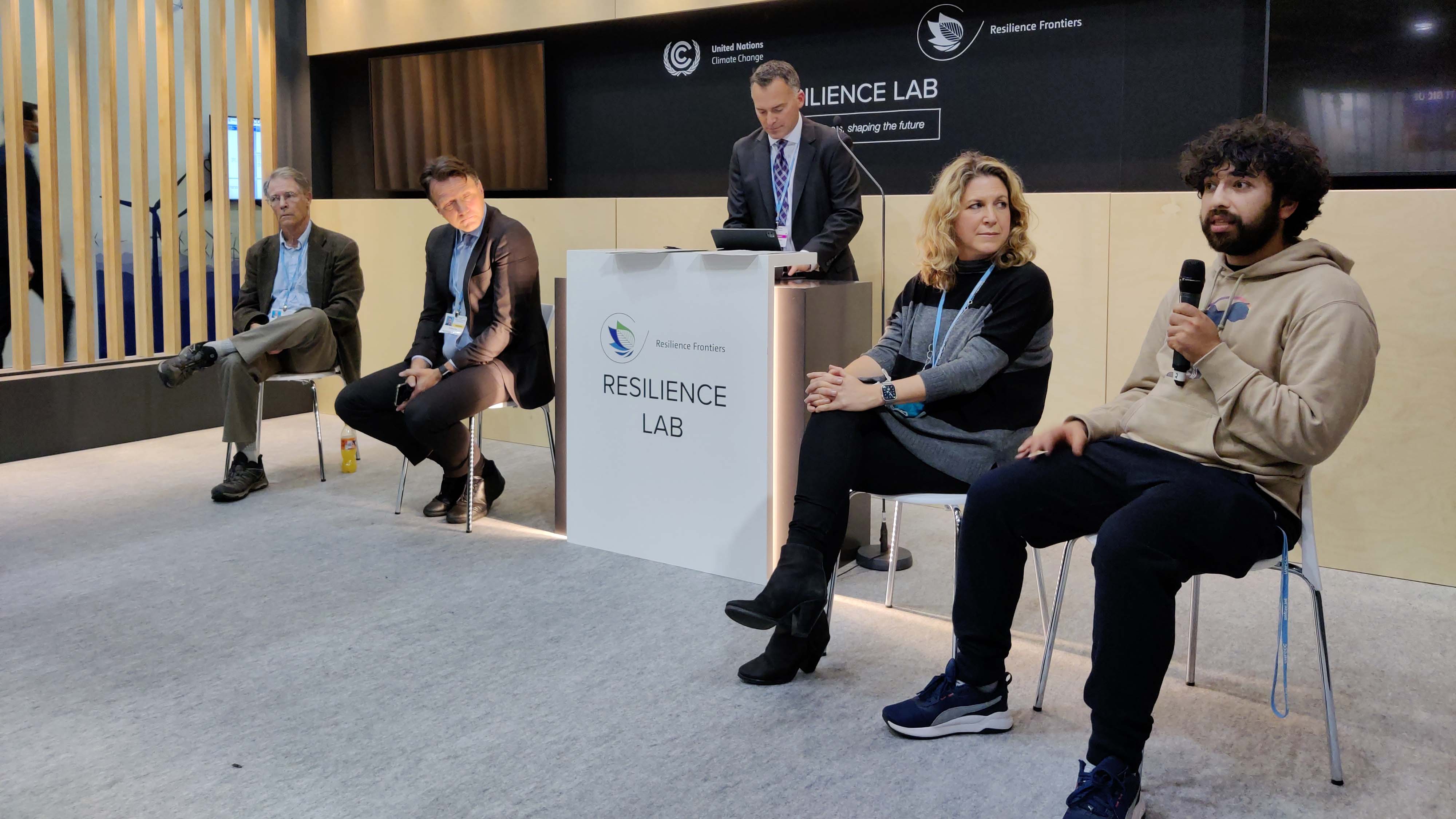 Awareness-acceptance-action session. L-R: Kim Stanley Robinson, Science Fiction Writer; Wolfgang Blau, international journalist; Michael Weisberg, University of Pennsylvania; Vanessa Berlowitz, award-winning wildlife documentary producer; and Kian Bakhtiari, Founder of The People.