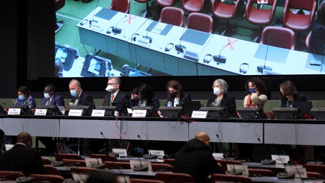 View of the dais during the first contact group on the post-2020 global biodiversity framework