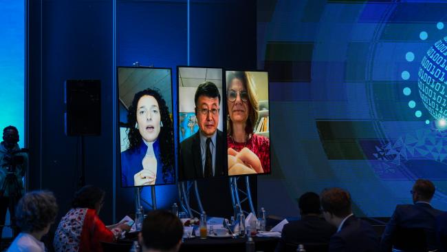 Remote panel (L-R) Yana Gevorgyan, Director of Secretariat, Group on Earth Observations; Jia Gensuo, Deputy Director General, Chinese Academy of Sciences; and Laurence Monnoyer Smith, Director, Space Climate Observatory