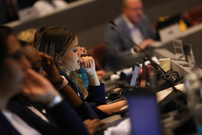 Delegates listen to the deliberations