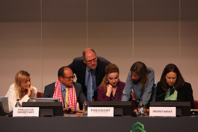 Members of the BRS Secretariat consult on the podium