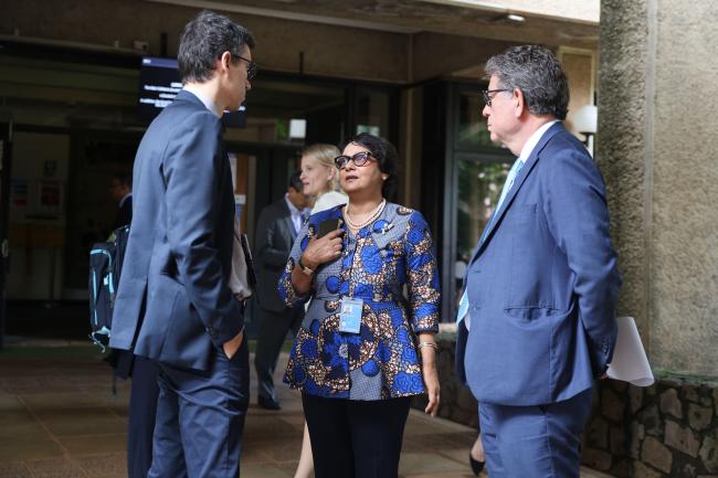 Bernardo Roca-Rey Ross, Peru, Jyoti Mathur-Filipp, Executive Secretary, INC Secretariat, and INC Chair Gustavo Meza-Cuadra, Peru, speak informally 