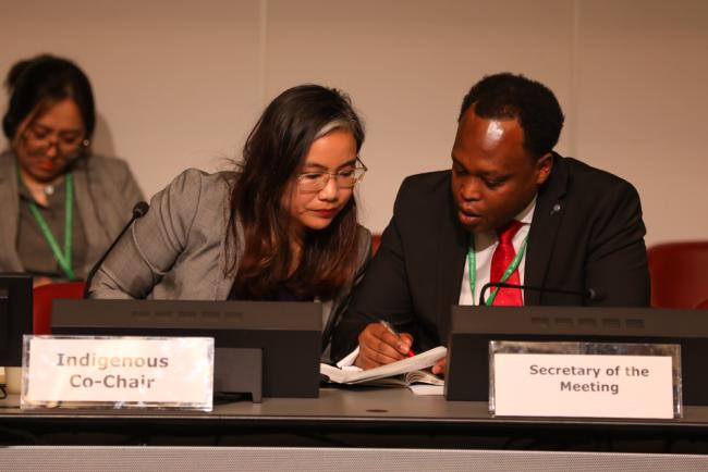 June Rubis, Indigenous Co-Chair, consults with the CBD Secretariat